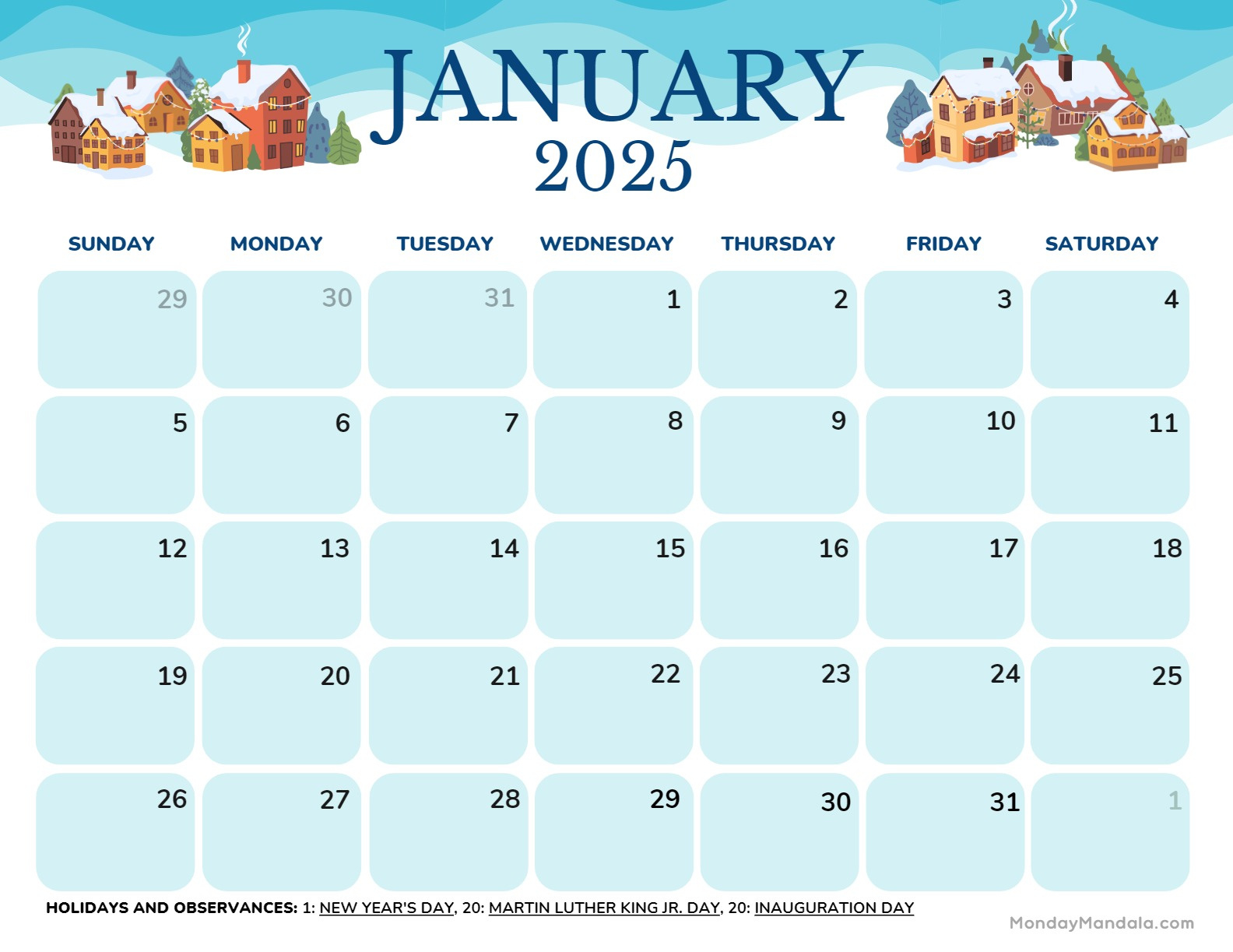 January 2025 Calendar (52 Free Pdf Printables) in January 2025 Printable Calendar With Holidays