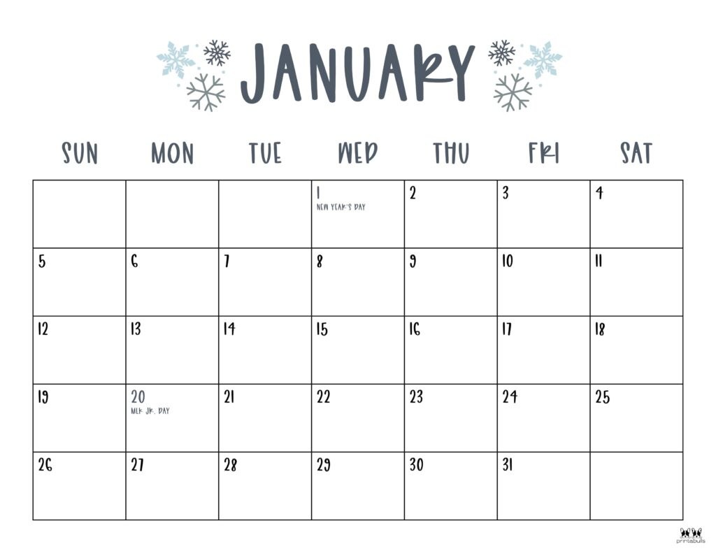 January 2025 Calendars - 107 Free Printables | Printabulls in 2025 Monthly Printable Calendar with Holidays Printable Free