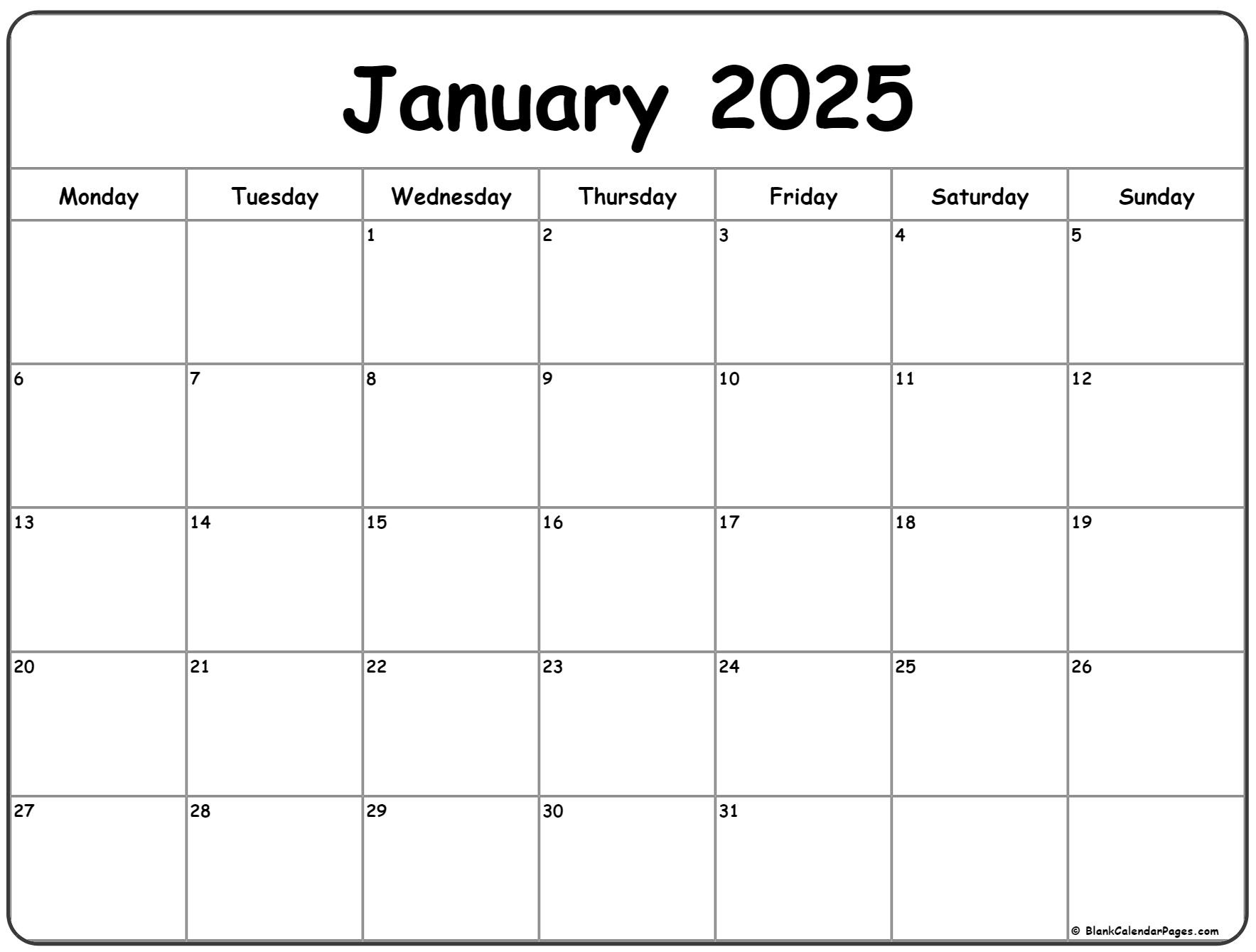 January 2025 Monday Calendar | Monday To Sunday intended for 2025 Calendar Starting Monday Printable