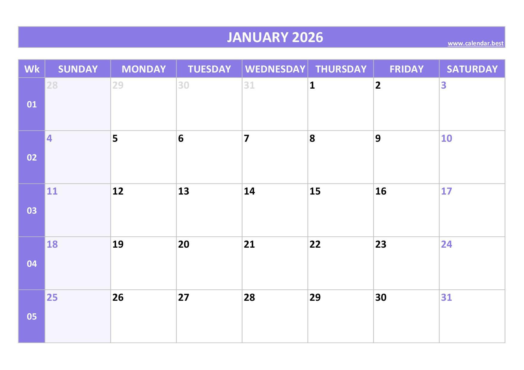 January 2026 Calendar -Calendar.best in Printable Calendar January 2026