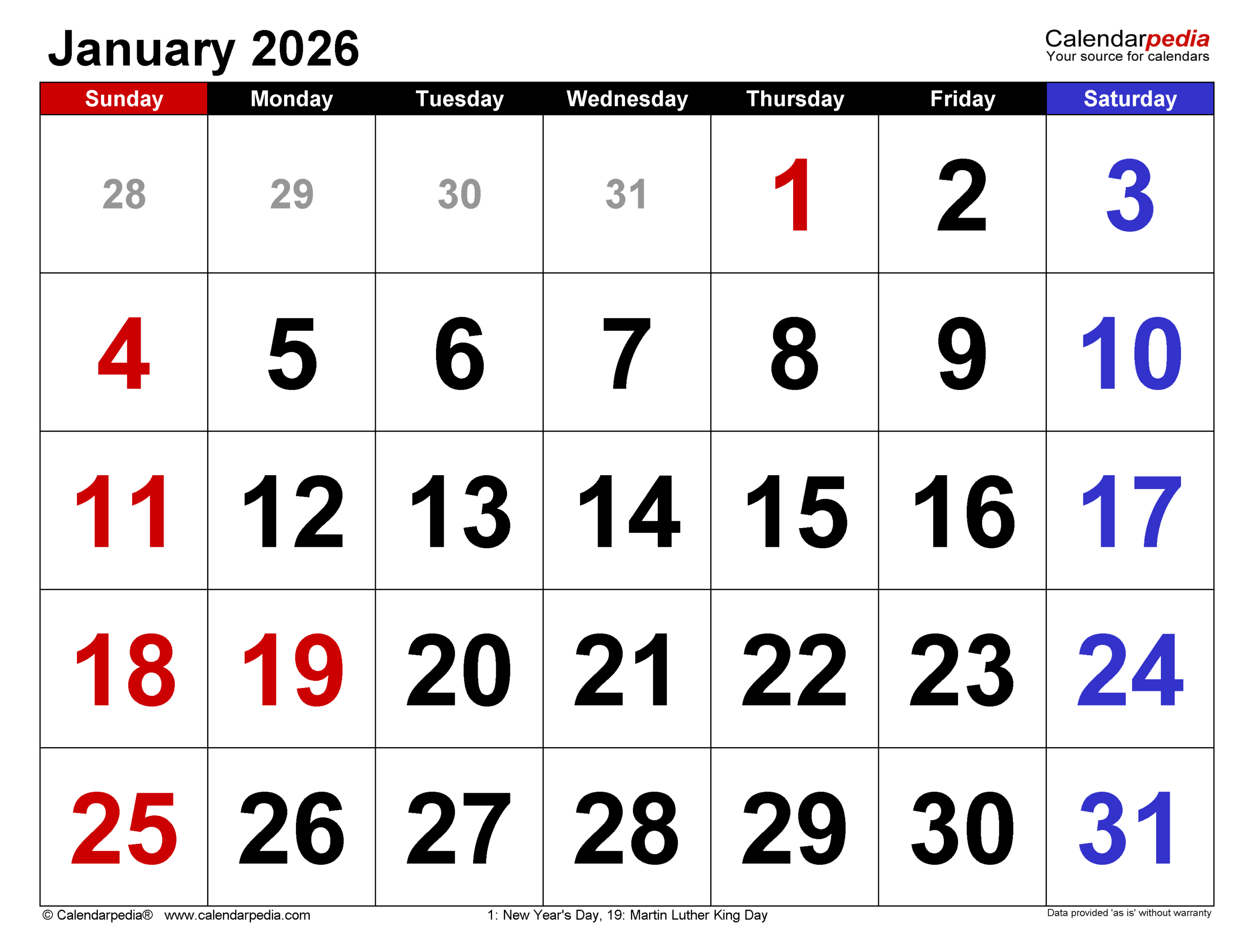 January 2026 Calendar | Templates For Word, Excel And Pdf for Printable Calendar January 2026