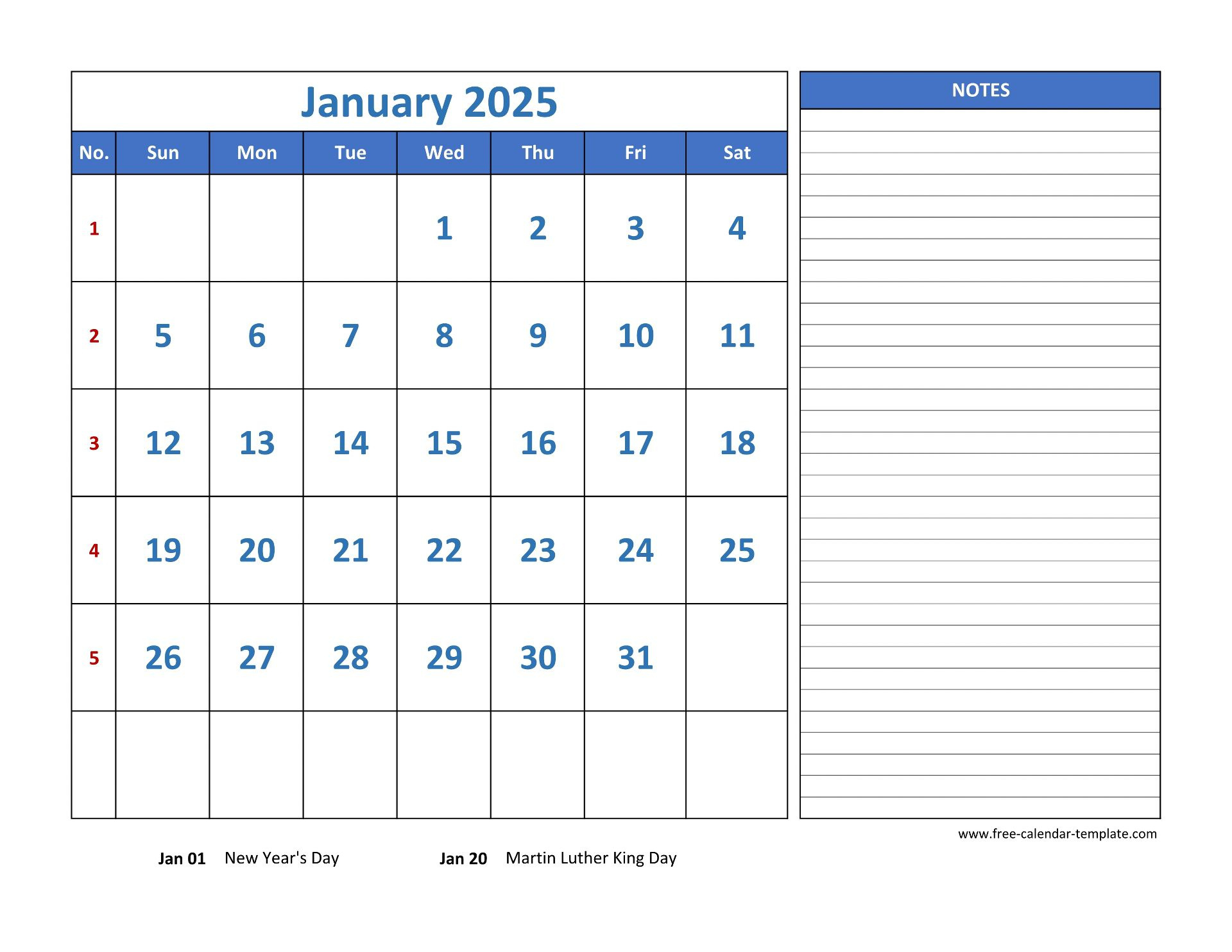 January Calendar 2025 Grid Lines For Holidays And Notes pertaining to 2025 Printable Calendar With Lines