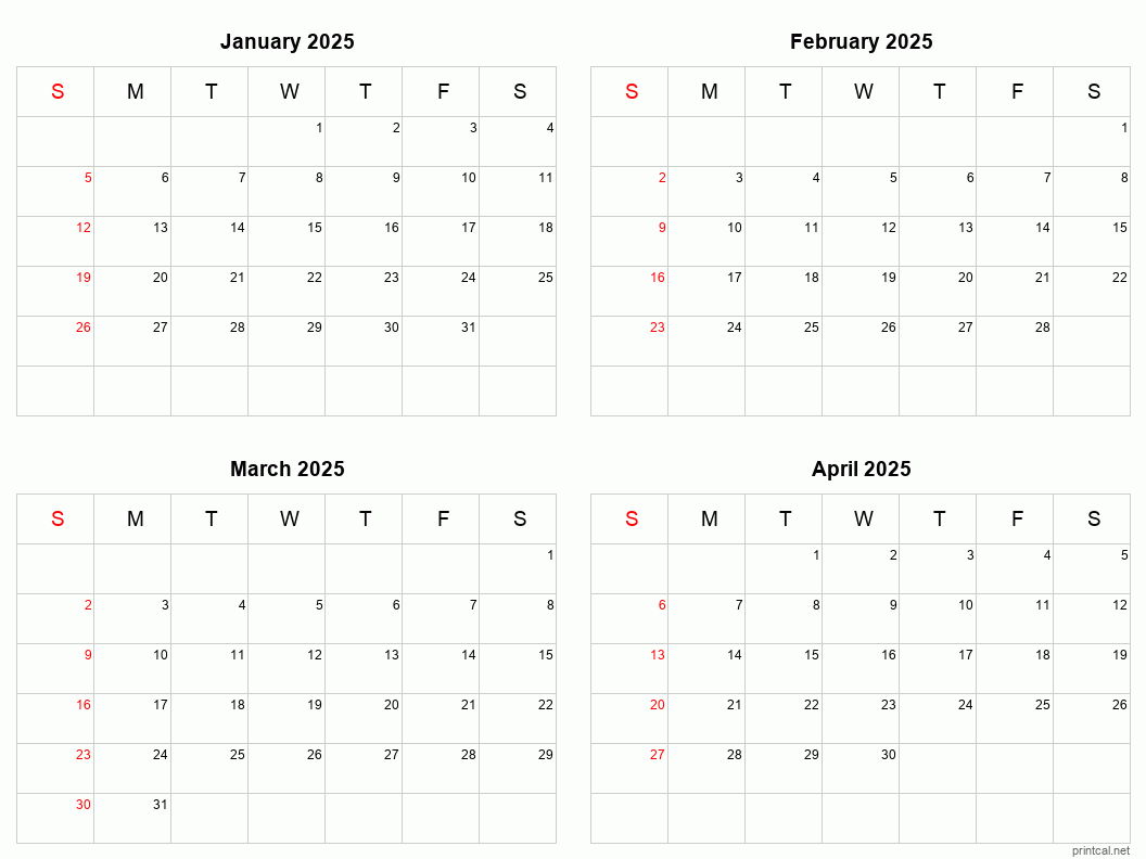 January To April 2025 Printable Calendar | Four Months Per Page intended for 2025 Printable Calendar 4 Months Per Page