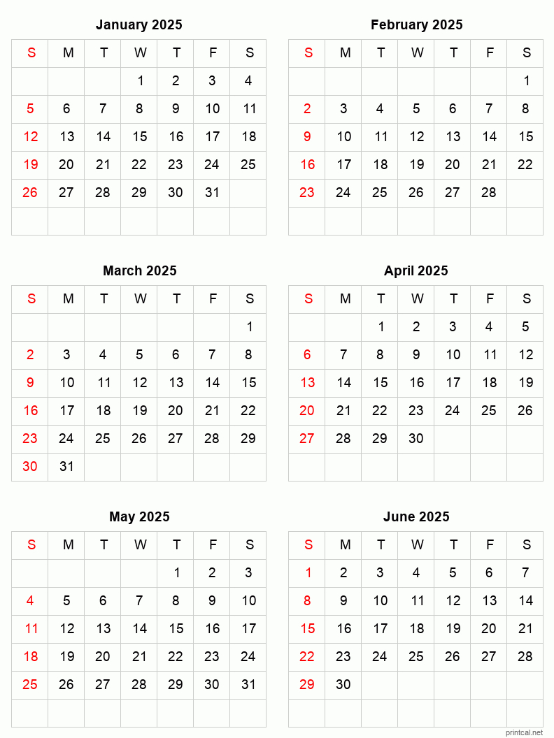 January To June 2025 Printable Calendar | Six Months Per Page for Six Month Calendar 2025 Printable