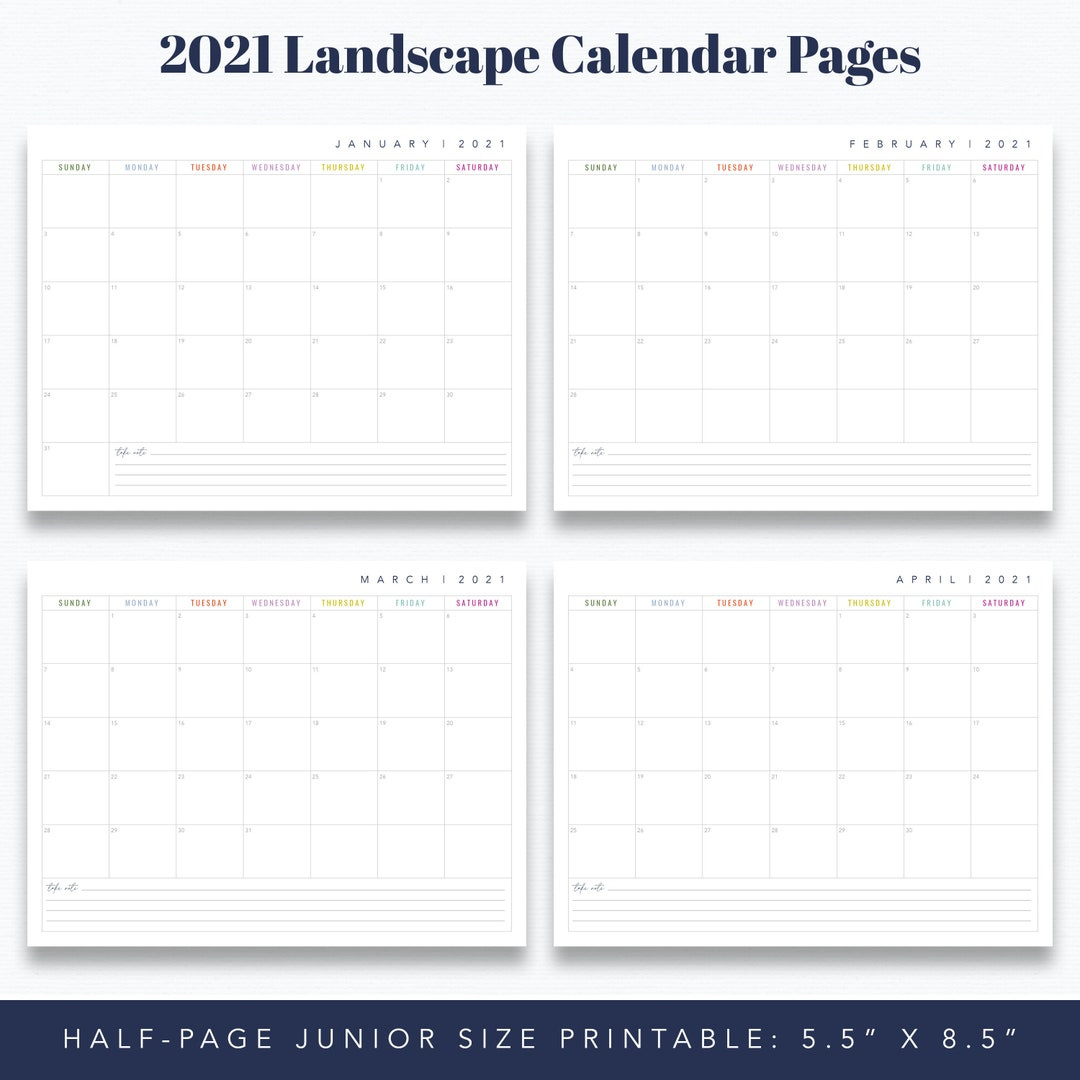 Junior 5.5 X 8.5 12 Month Landscape Calendar Printable Prefilled with 5.5 X 8.5 Calendar Printable