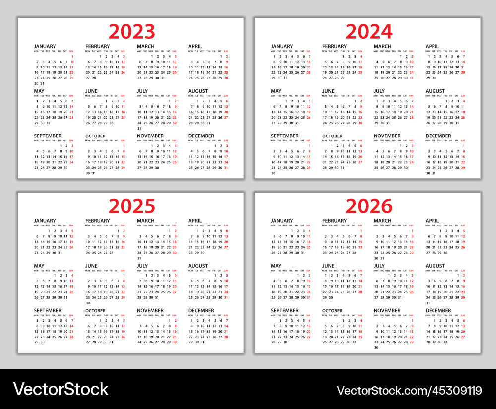 Kalender 2023-2024 -2025 -2026 Template Planer Vektorbild in 5 Year Calendar 2025 to 2026 Printable