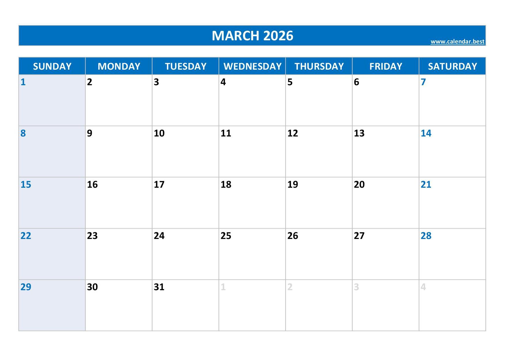 March 2026 Calendar -Calendar.best regarding Printable Calendar March 2026