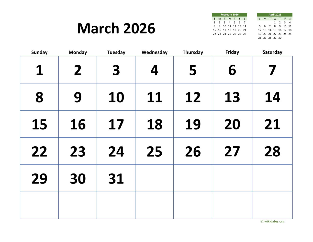 March 2026 Calendar With Extra-Large Dates | Wikidates for Printable Calendar March 2026