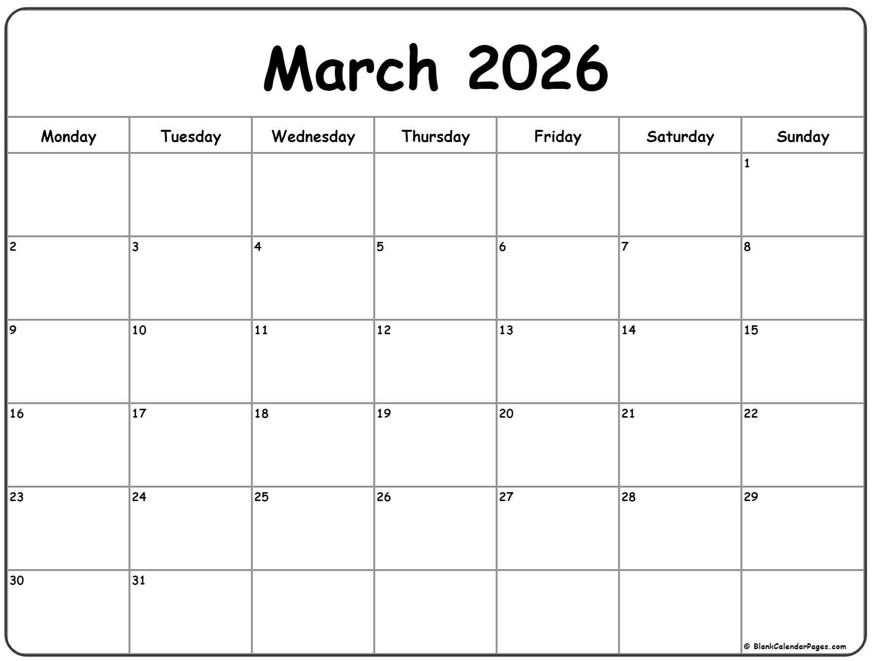 March 2026 Monday Calendar | Monday To Sunday in 2026 Calendar Printable Monday Start