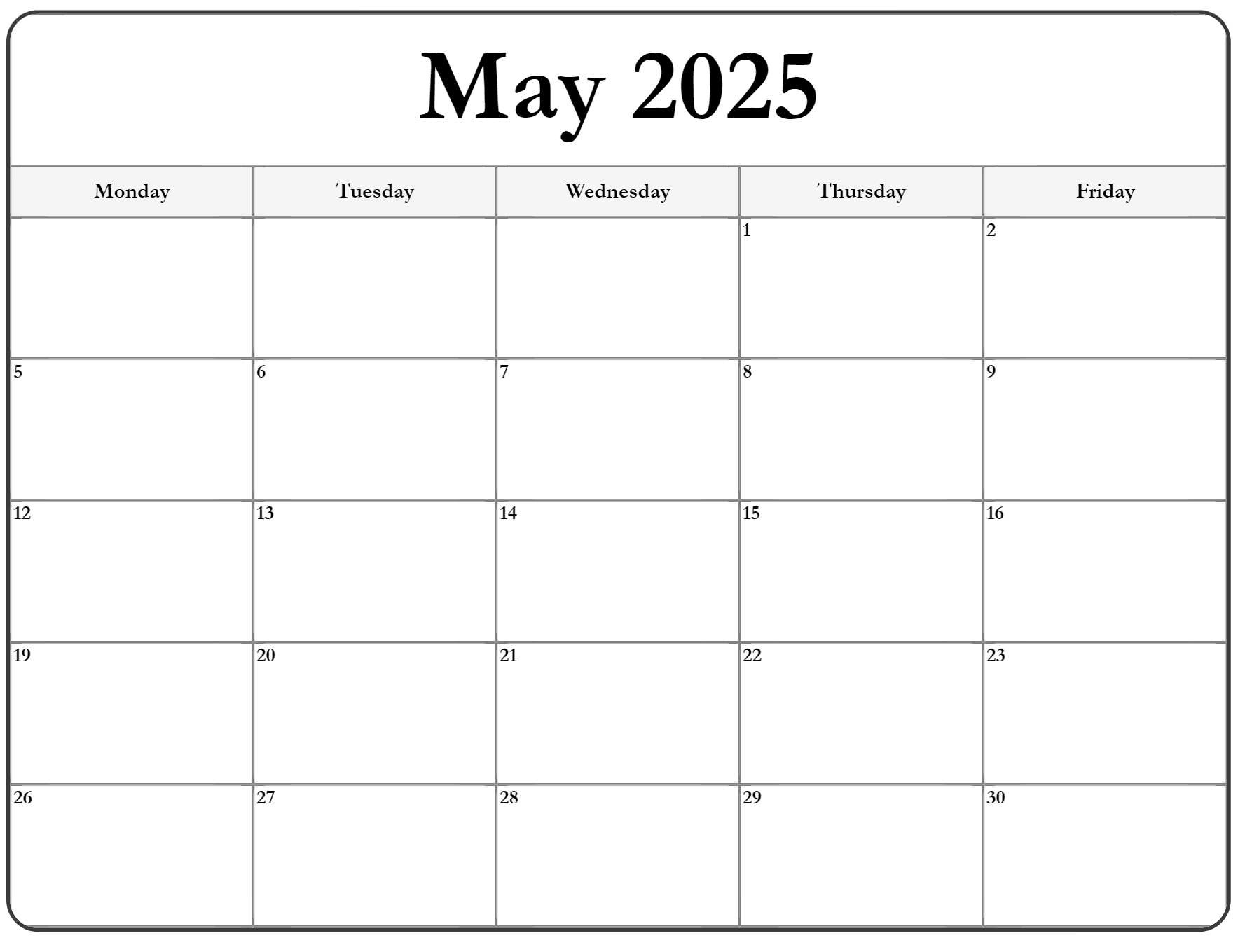 May 2025 Monday Calendar | Monday To Sunday for Monday Through Friday Printable Calendar 2025