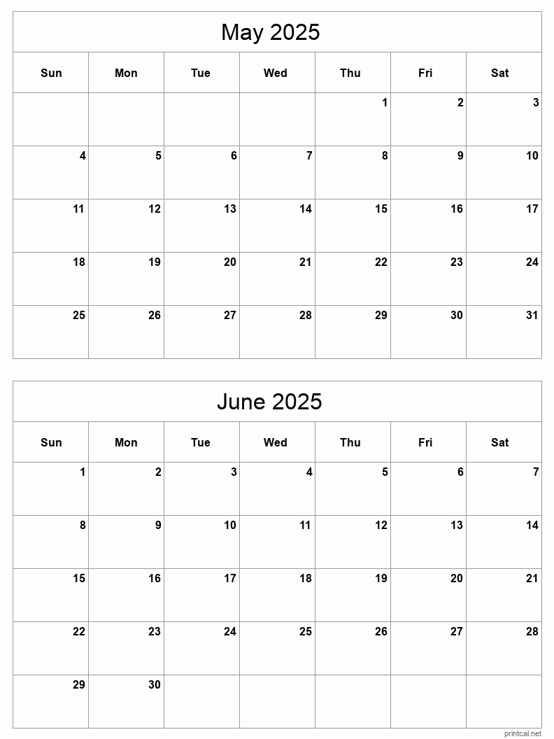 May To June 2025 Printable Calendar | Two Months Per Page for 2 Month Printable Calendar 2025