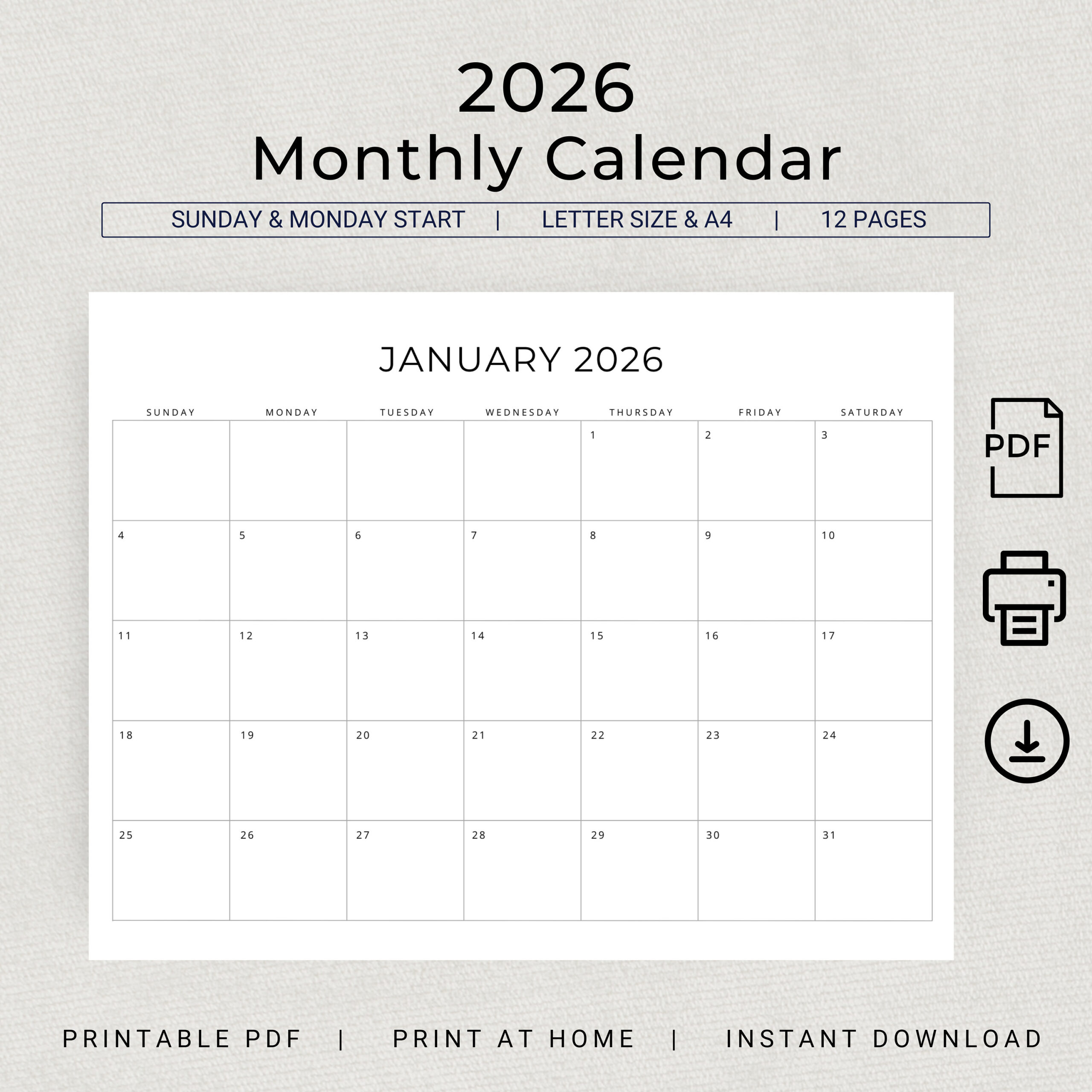 Monatskalender 2026 Druckbar 2026 Monatsplaner Querformat 2026 in Monthly 2026 Calendar Printable