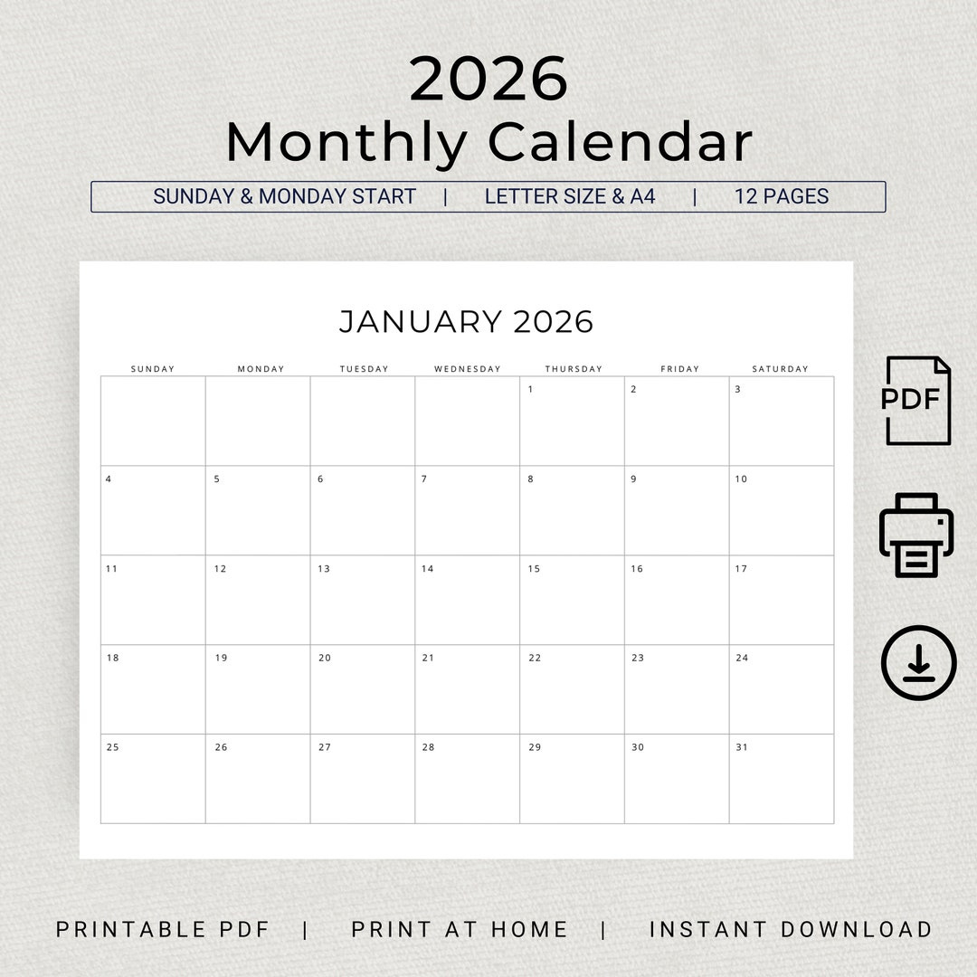 Monatskalender 2026 Druckbar 2026 Monatsplaner Querformat 2026 Minimalkalender A4 Letter-Format Sonntag Und Montag Pdf-Download Starten - Etsy.de within 2026 Printable Monthly Calendar