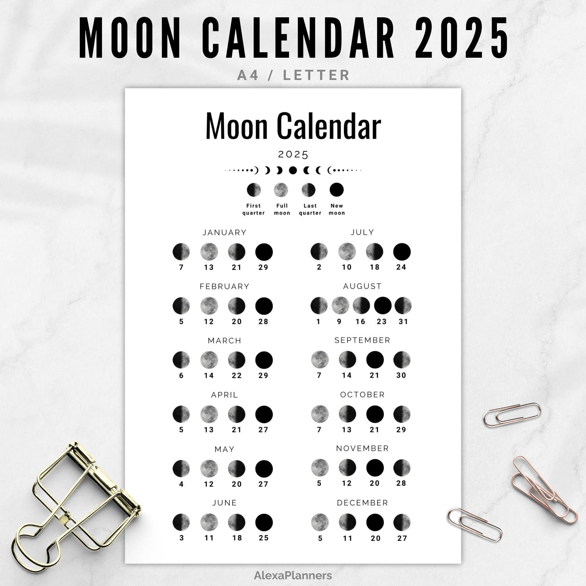 Mondphasenkalender 2025, Mondkalender In A4 / Letter Größe - Etsy.de intended for Free Printable Moon Phase Calendar 2025