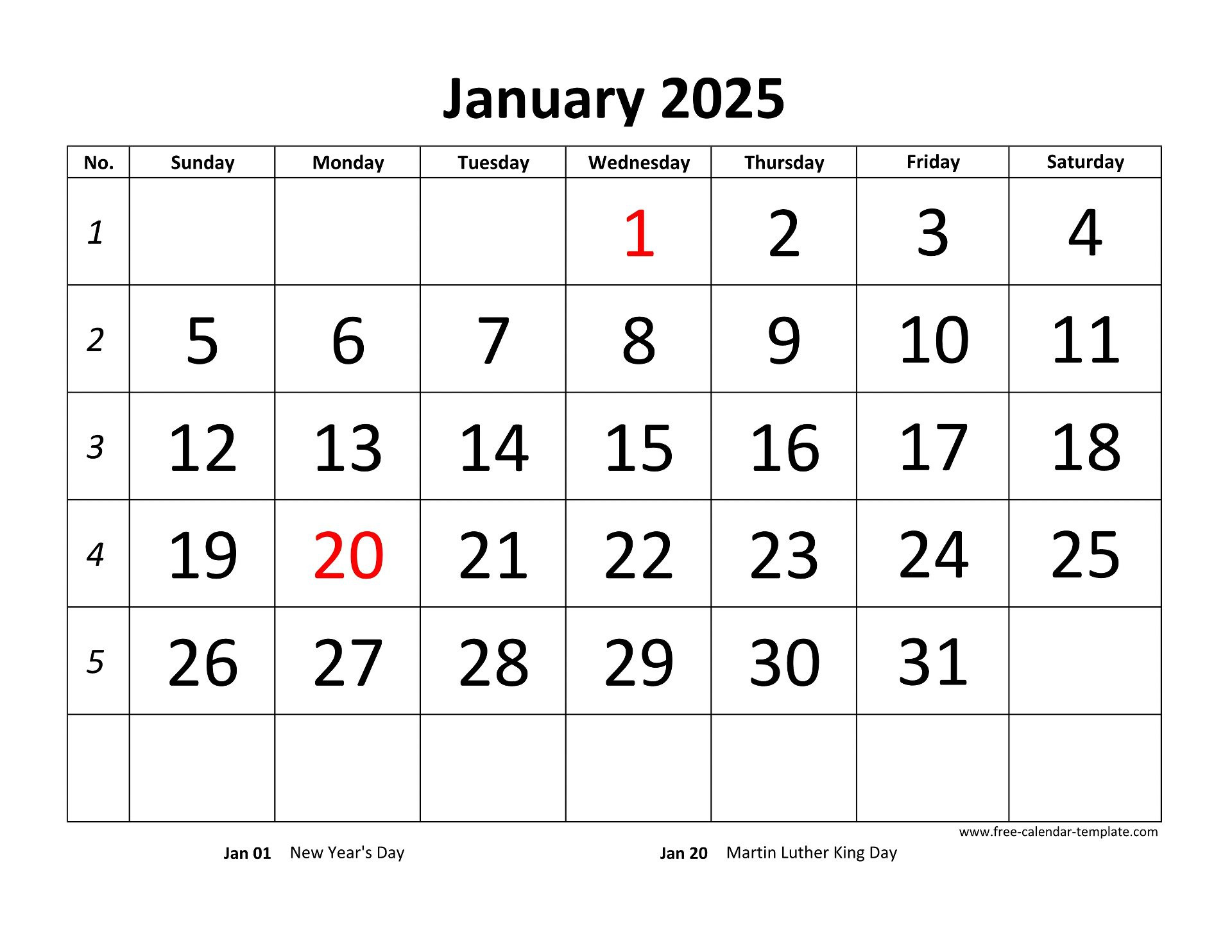 Monthly 2025 Calendar Designed With Large Font (Horizontal) | Free regarding Free Printable Monthly 2025 Calendar