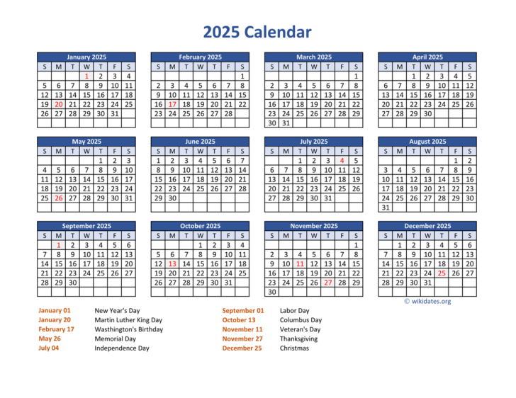 2025 Calendar with Us Holidays Printable