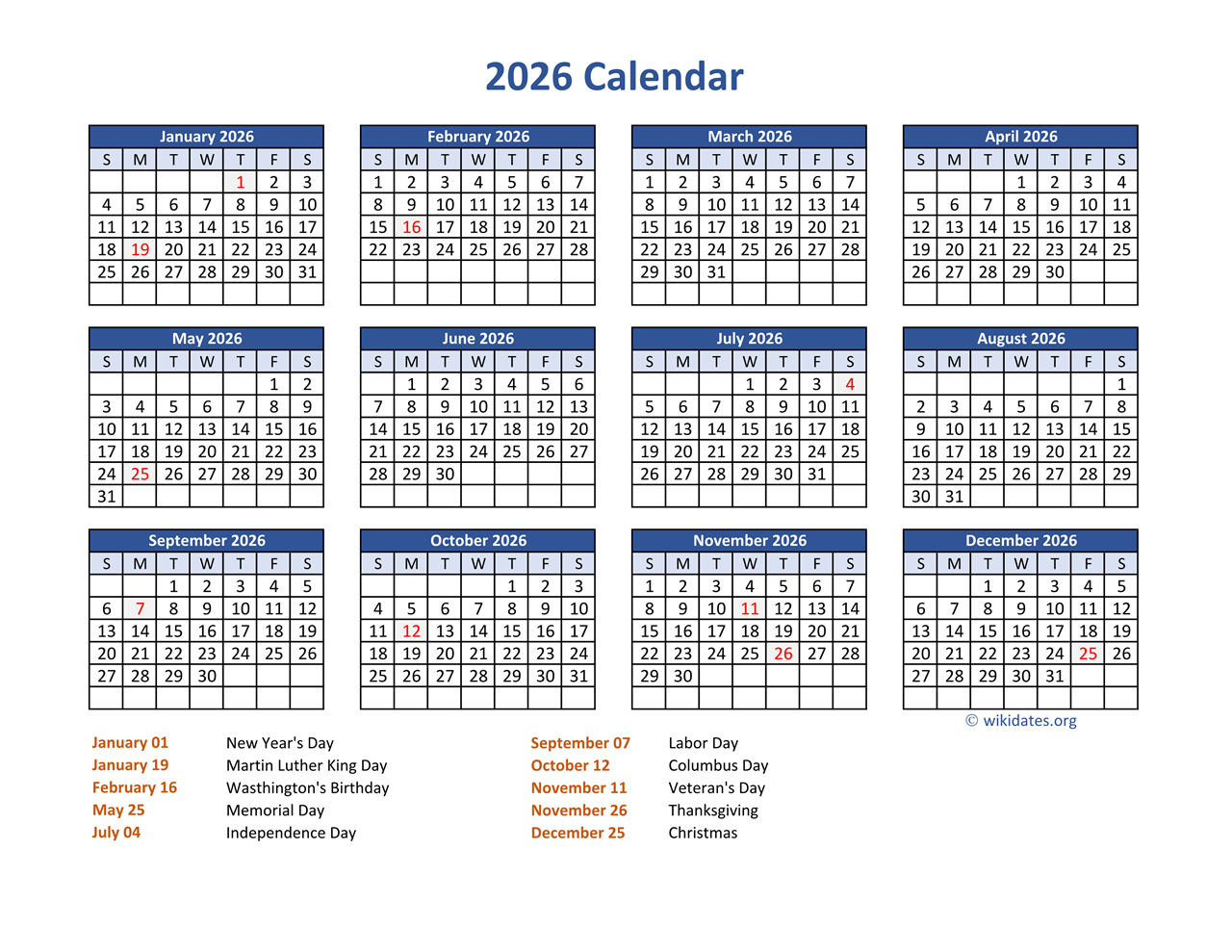 Pdf Calendar 2026 With Federal Holidays | Wikidates in Printable Calendar 2026 with Holidays