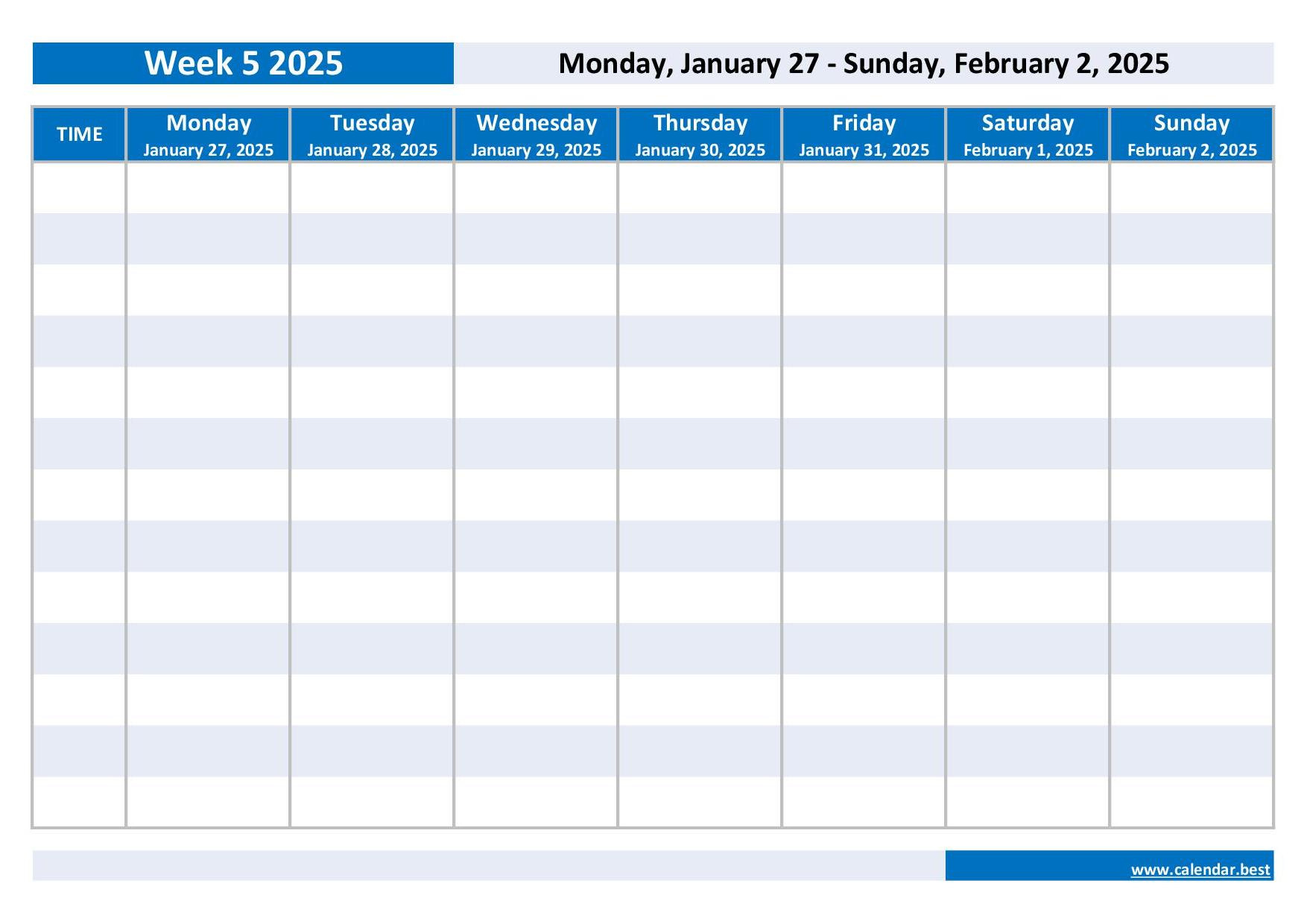 Printable 2025 Weekly Calendar for Free Printable 5 Day Weekly Calendar 2025