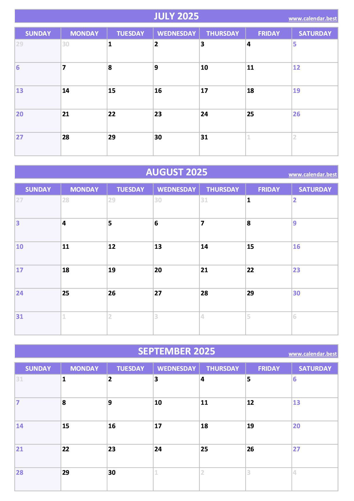 Printable 3Rd Quarter 2025 Calendar throughout Printable Calendar 2025 3 Months Per Page