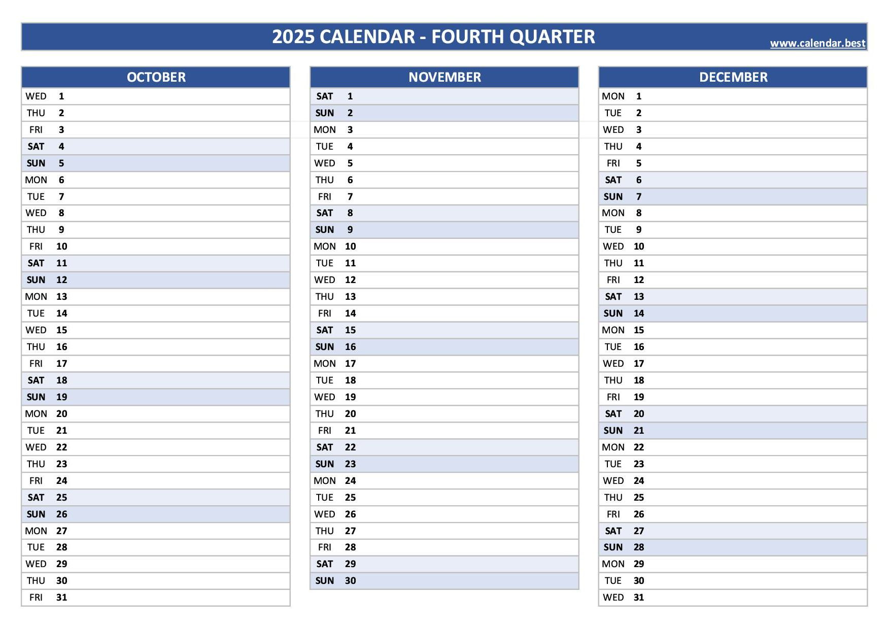 Printable 4Th Quarter 2025 Calendar throughout Quarter Calendar 2025 Printable