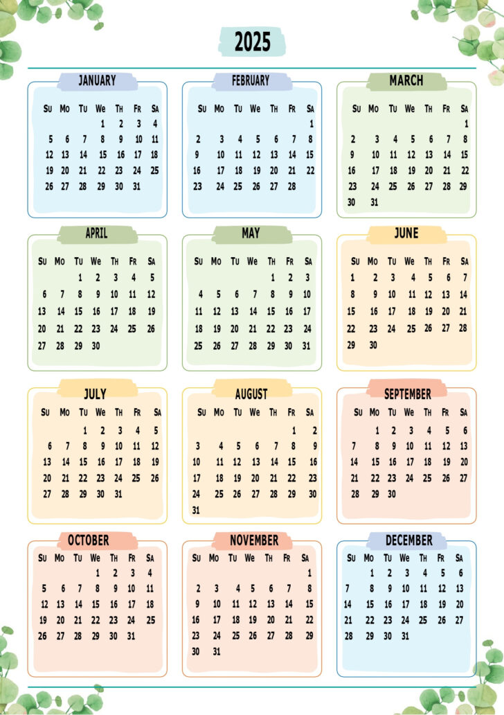 12 Month Calendar 2025 Printable on One Page