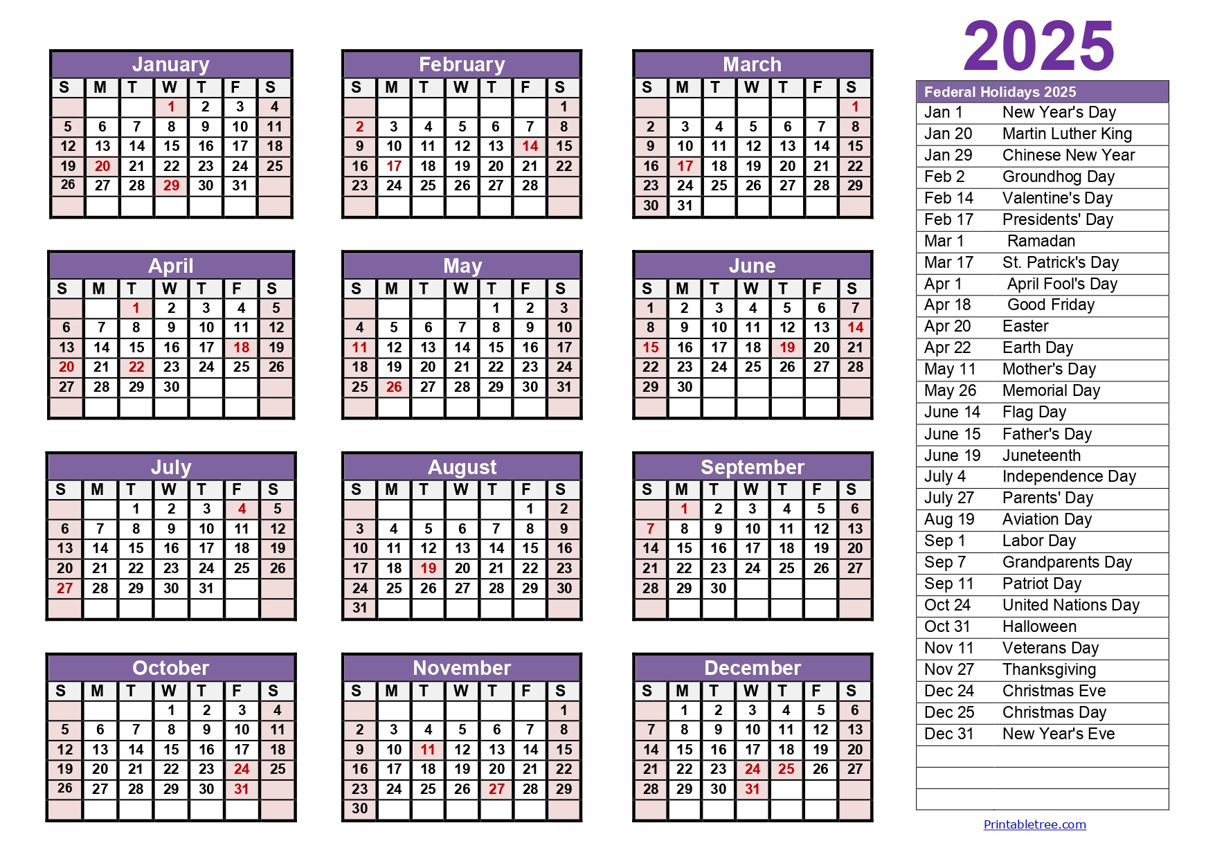 Printable Calendar 2025 One Page With Holidays (Single Page) 2025 for Calendar 2025 with Holidays Printable