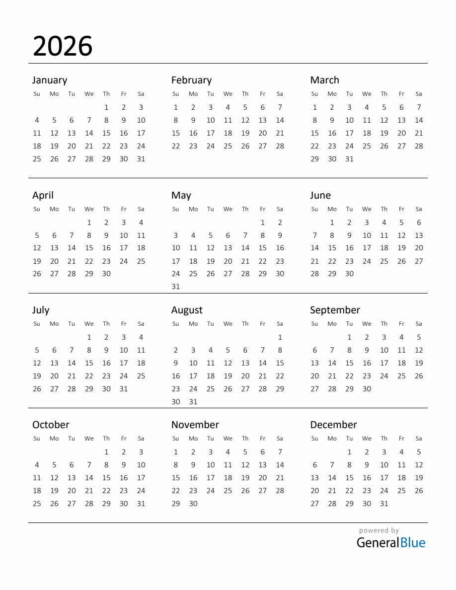 Printable Calendar For 2026 inside Monthly 2026 Calendar Printable