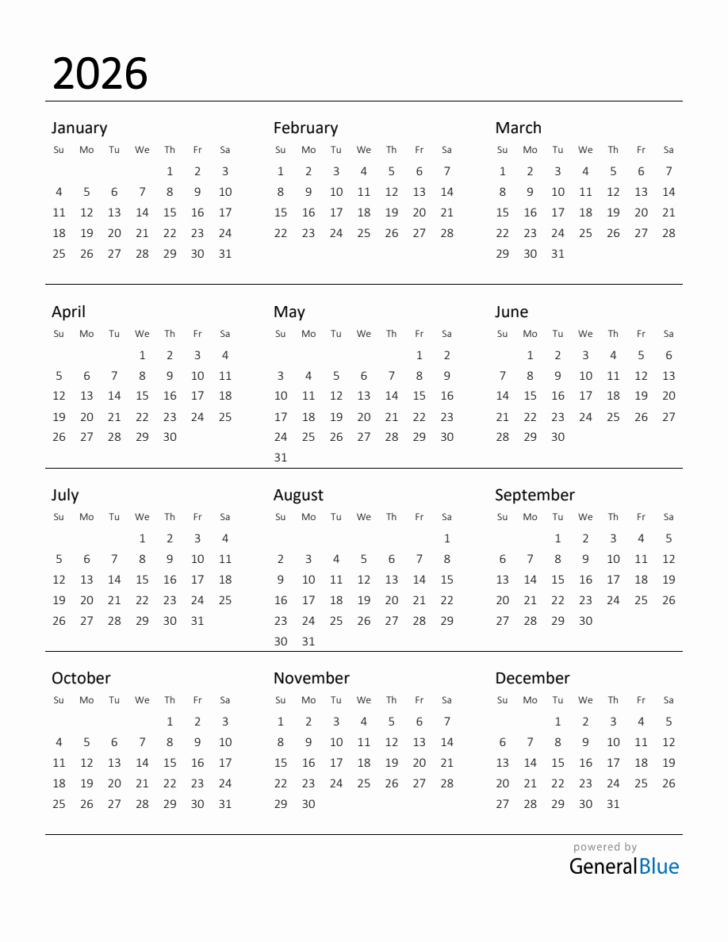 Printable Monthly Calendar 2026