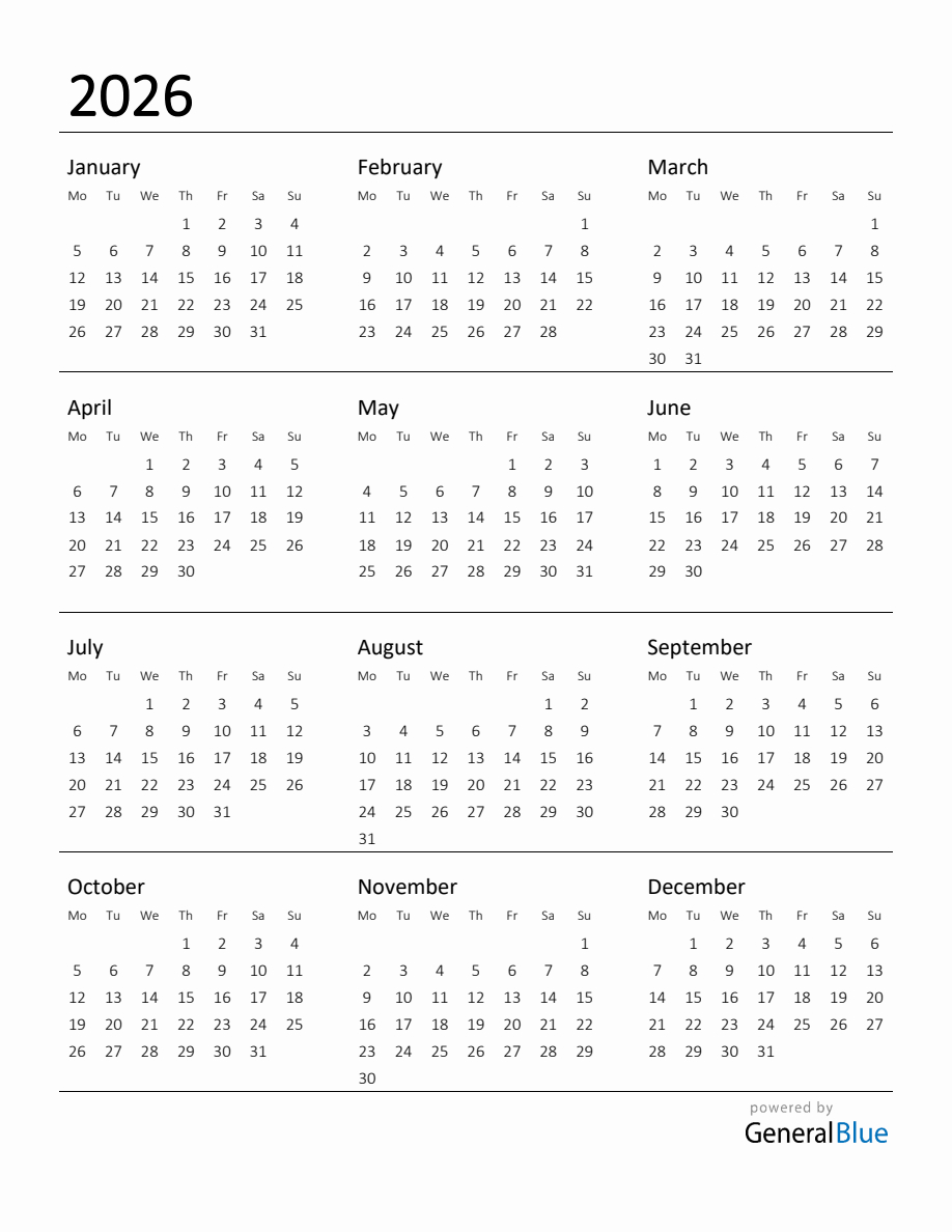 Printable Calendar For 2026 with 2026 Calendar Printable Monday Start