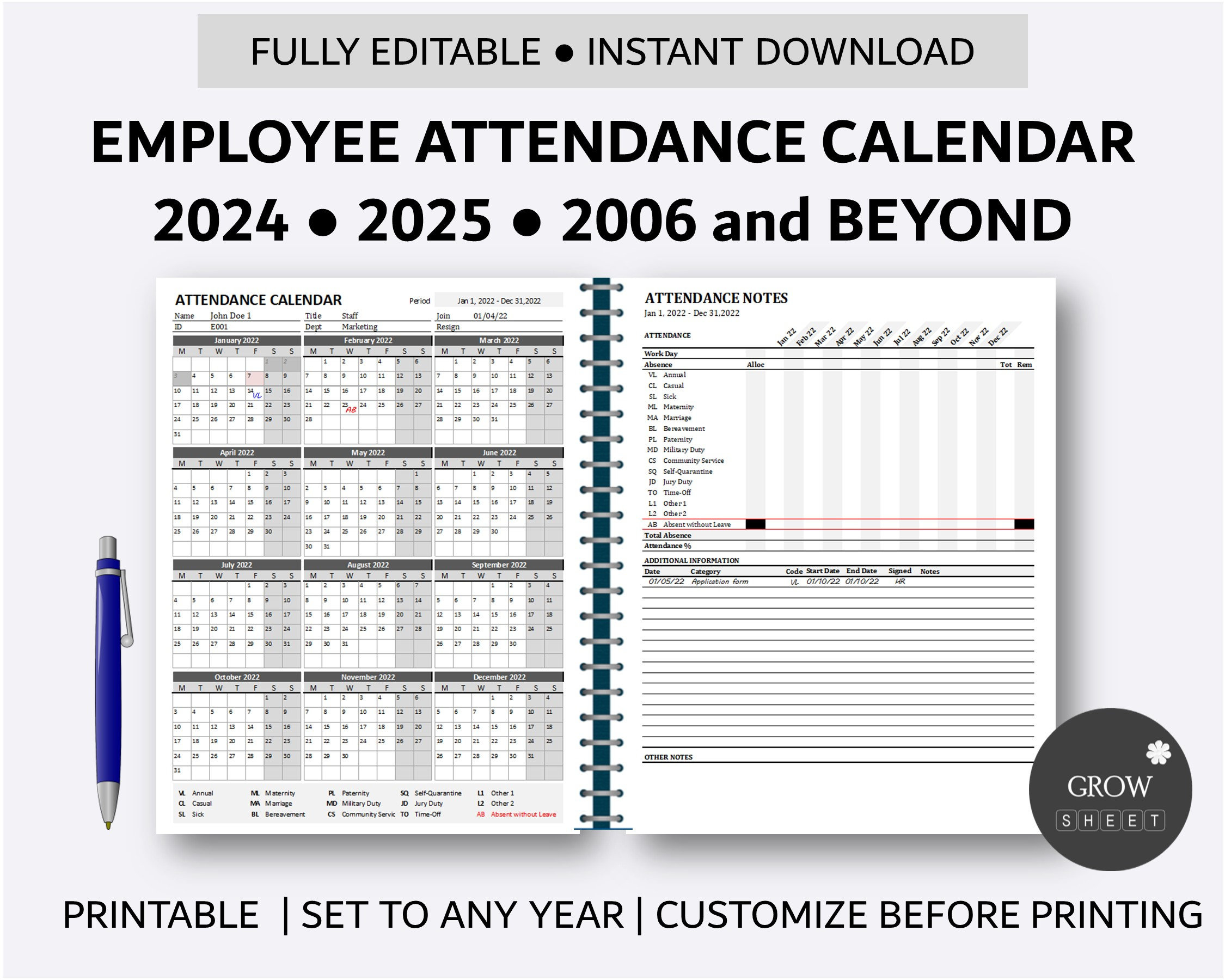 Printable Employee Attendance Calendar Custom Attendance Calendar in 2025 Employee Attendance Calendar Printable