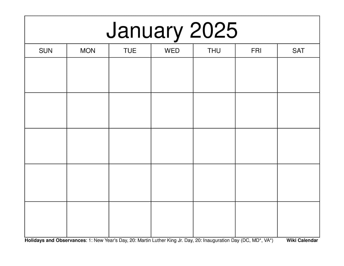 Printable January 2025 Calendar Templates With Holidays with Wiki Calendar 2025 Printable