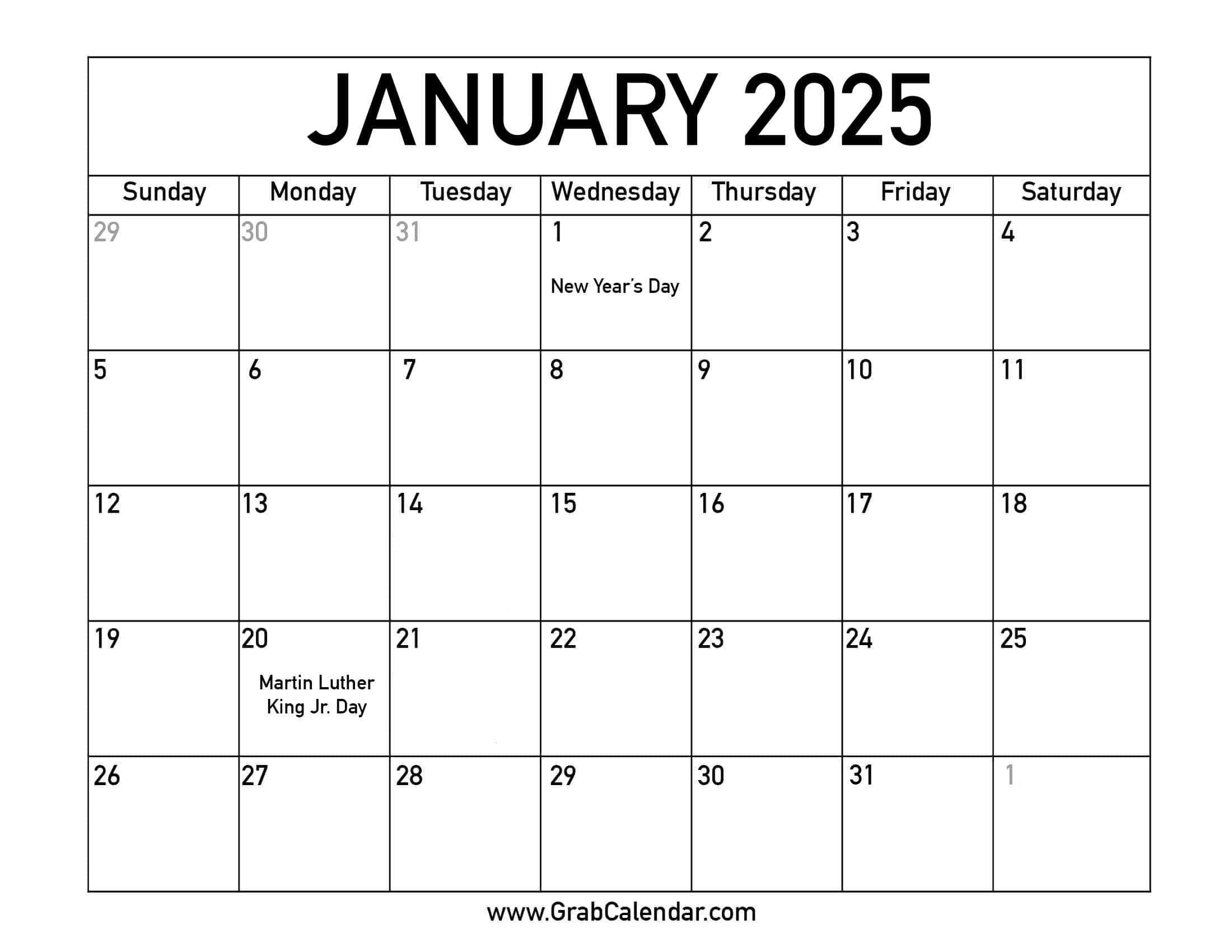 Printable January 2025 Calendar within 2025 Monthly Printable Calendar With Holidays Printable Free