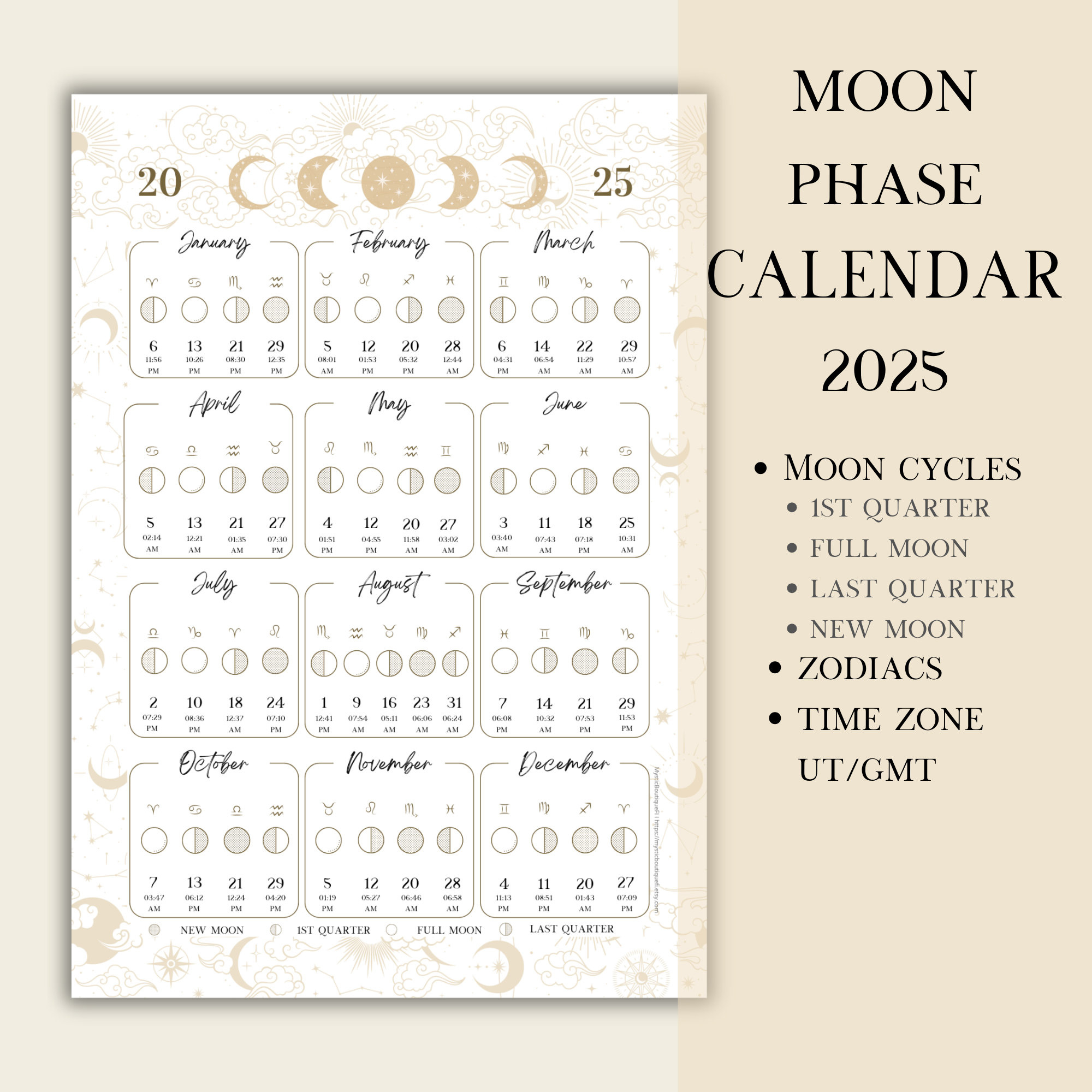 Printable Pdf Lunar Calendar, Moon Phase Calendar 2025 - Etsy inside Free Printable Moon Phase Calendar 2025