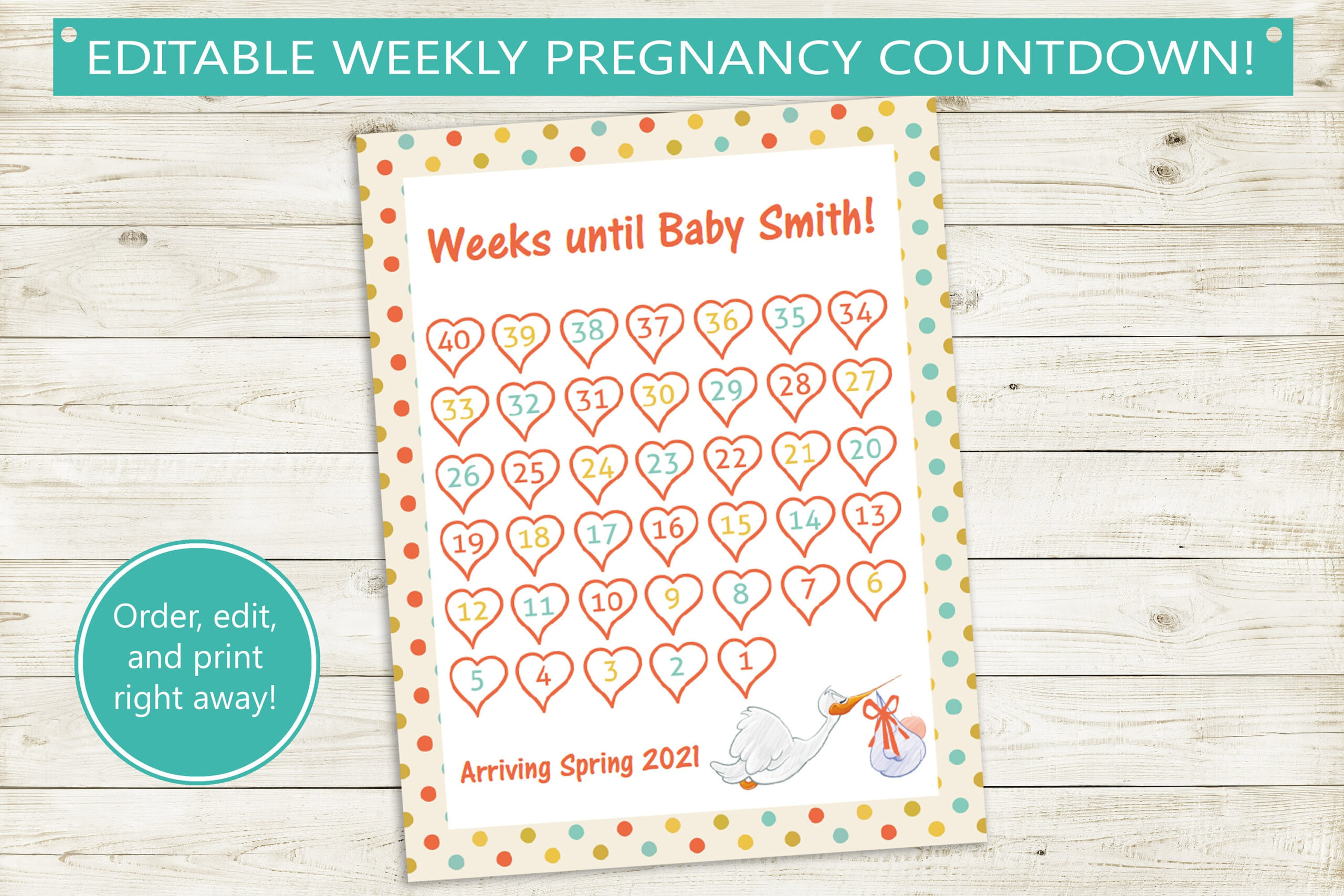 Printable Weekly Pregnancy Calendar // Editable Pdf Countdown To within 40 Week Pregnancy Calendar Printable