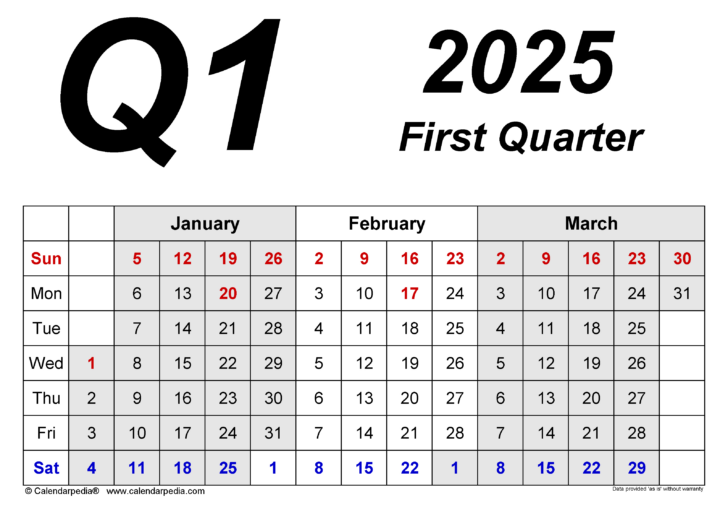 Quarter Calendar 2025 Printable