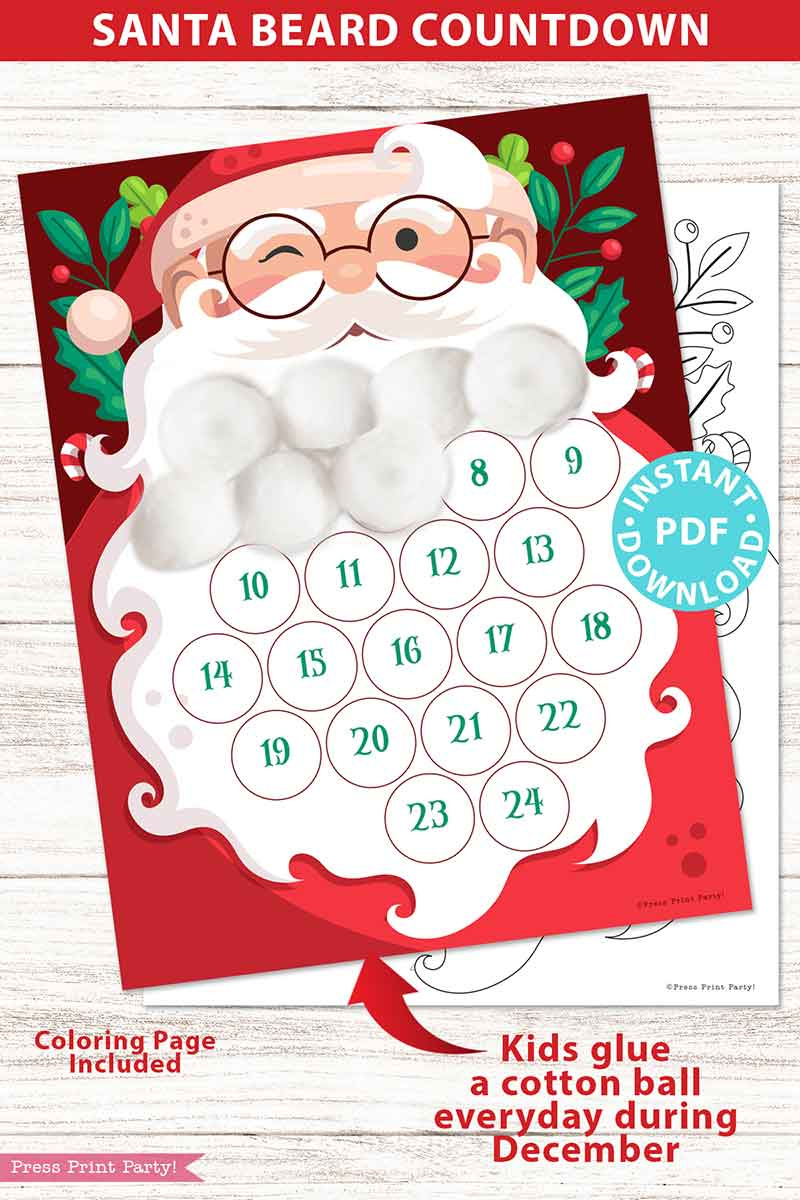 Santa Beard Countdown Christmas Advent Calendar - Press Print Party! for Santa Beard Advent Calendar 2025 Printable