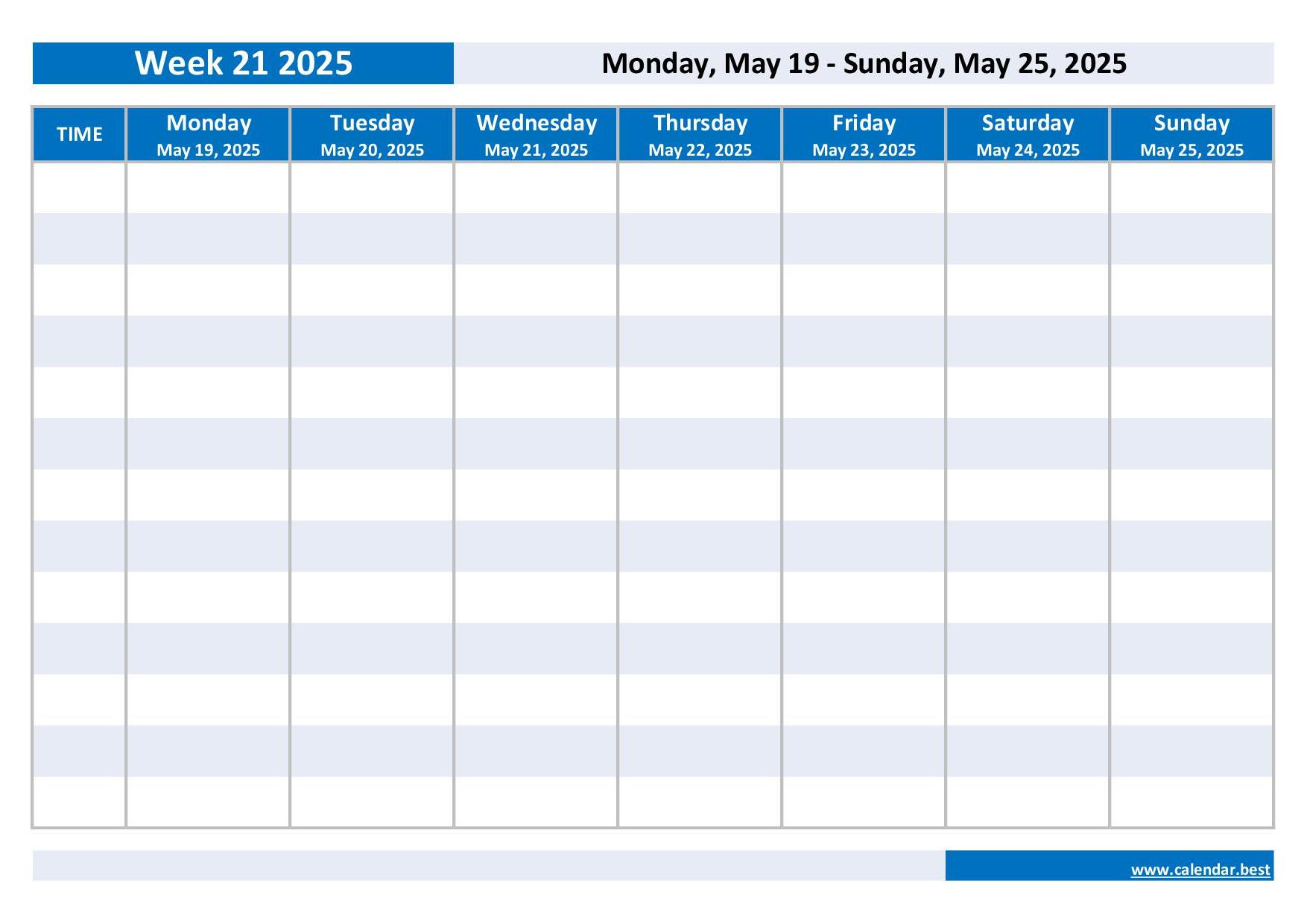 Week 21 2025: Dates, Calendar And Weekly Schedule To Print in Printable Calendar 2025 Days of the Week