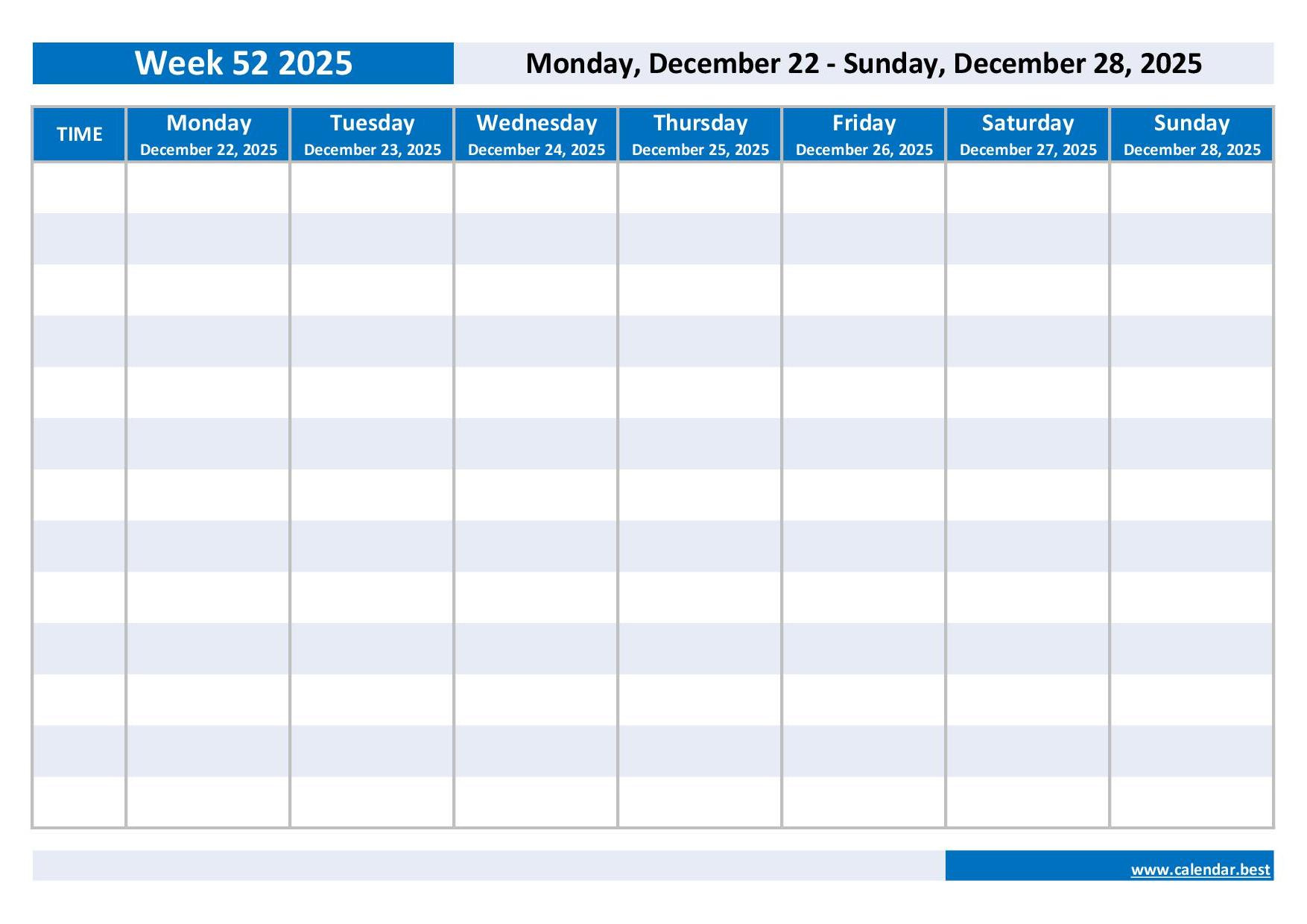 Week 52 2025: Dates, Calendar And Weekly Schedule To Print throughout 52 Week Calendar 2025 Printable