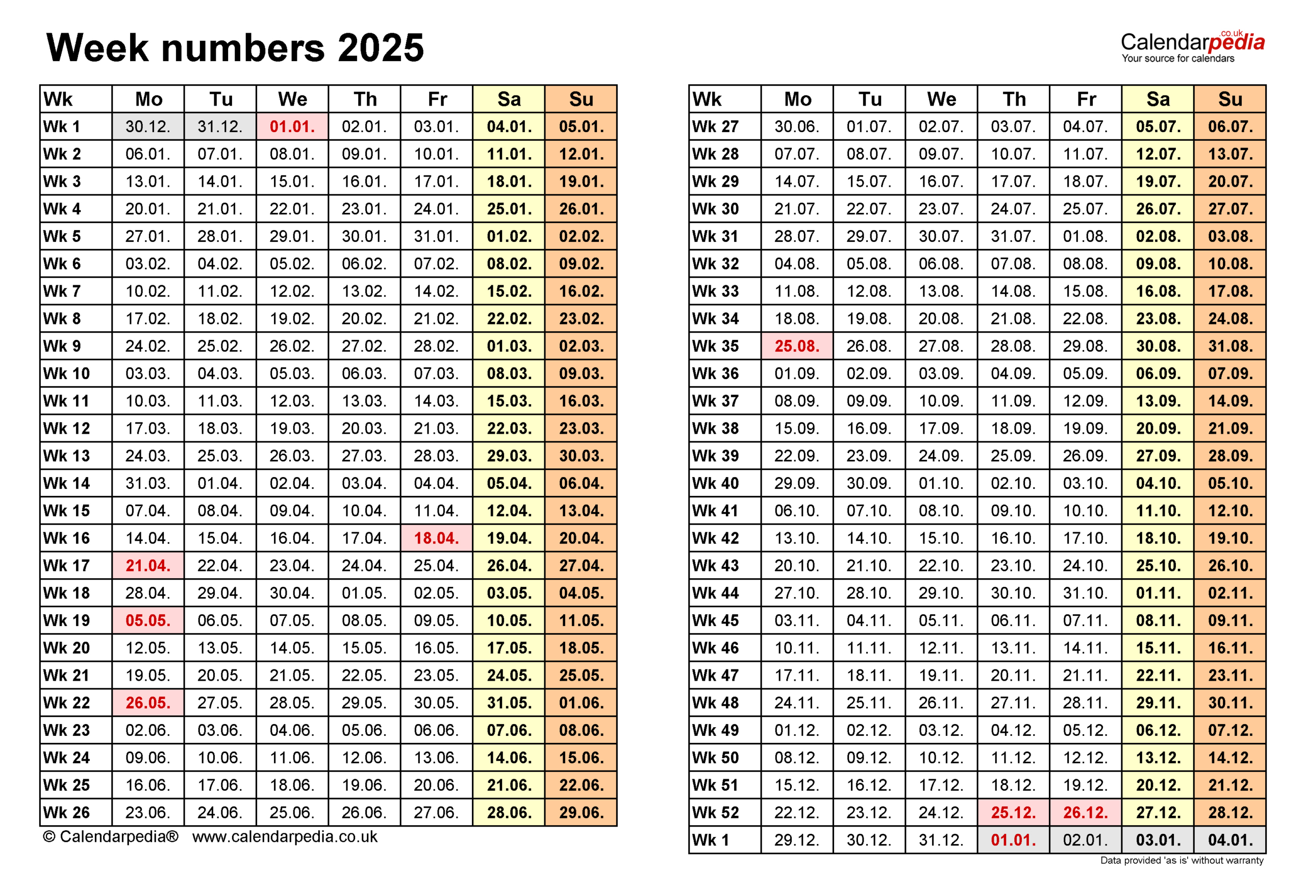 Week Numbers 2025 With Excel, Word And Pdf Templates within Work Week Printable Calendar 2025