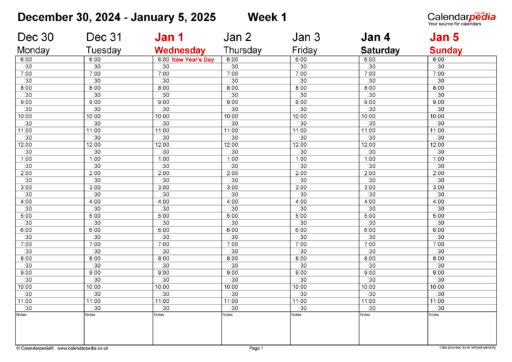 Printable Weekly Hourly Calendar 2025