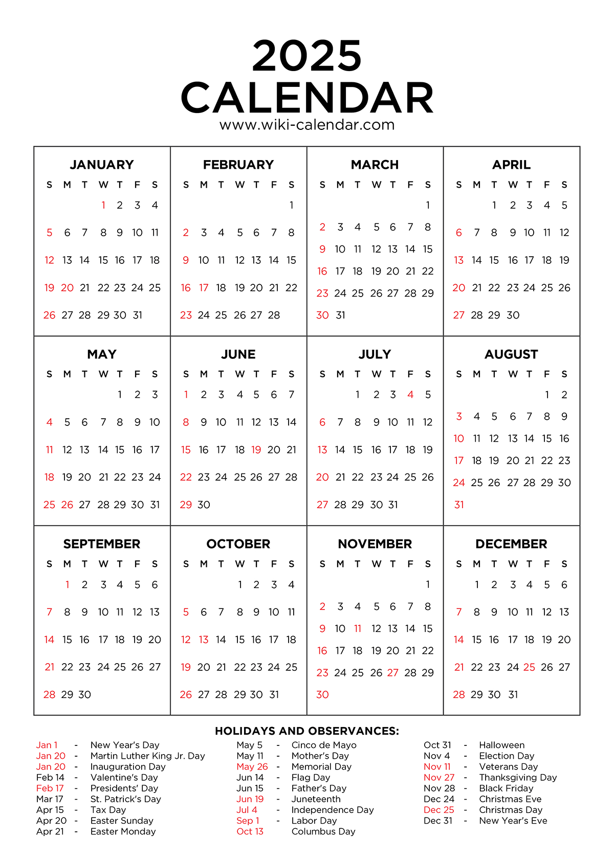 Year 2025 Calendar Printable With Holidays - Wiki Calendar for 2025 Printable Calendar With Holidays Printable Free Download