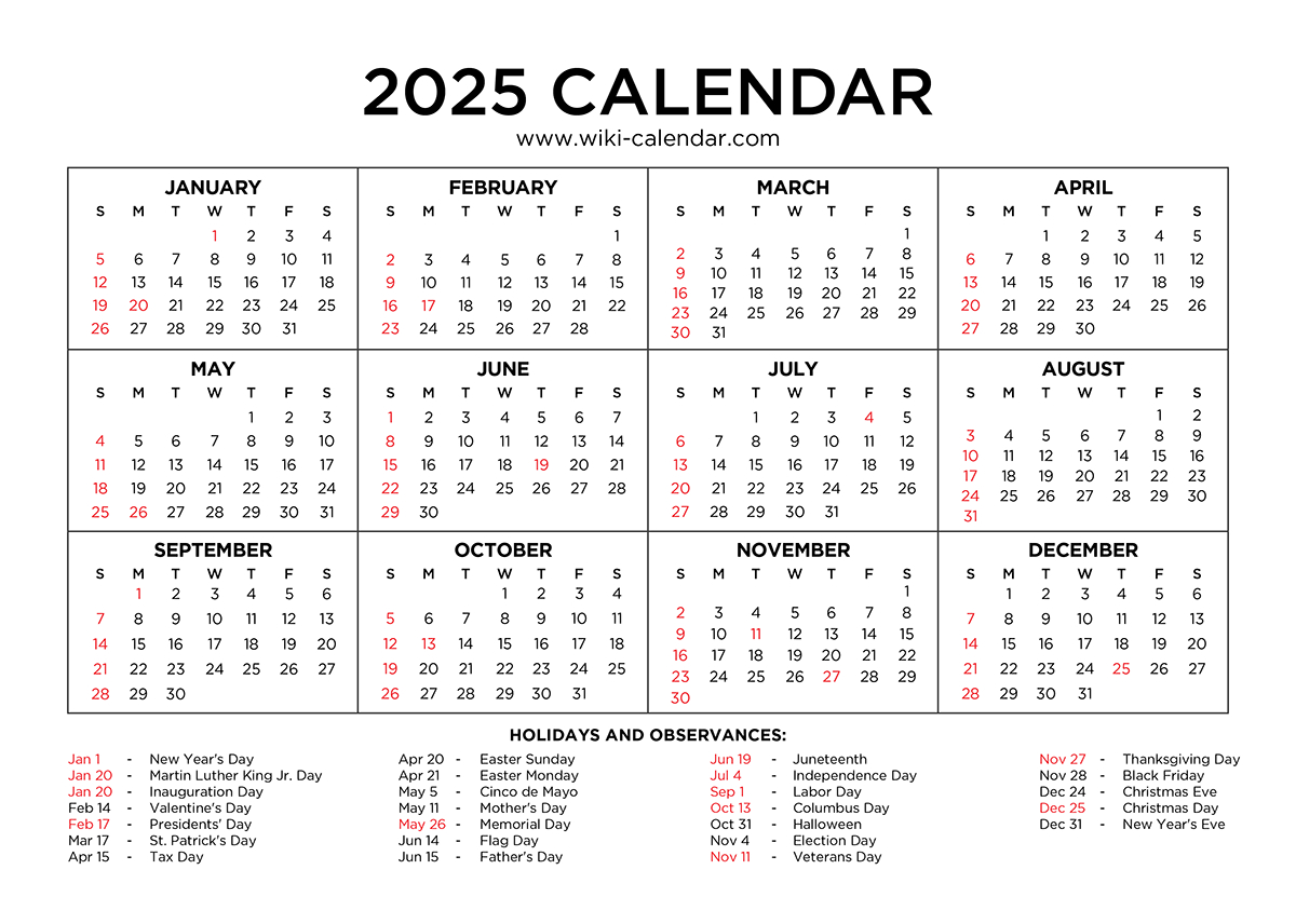 Year 2025 Calendar Printable With Holidays - Wiki Calendar regarding 2025 Calendar Overview Printable