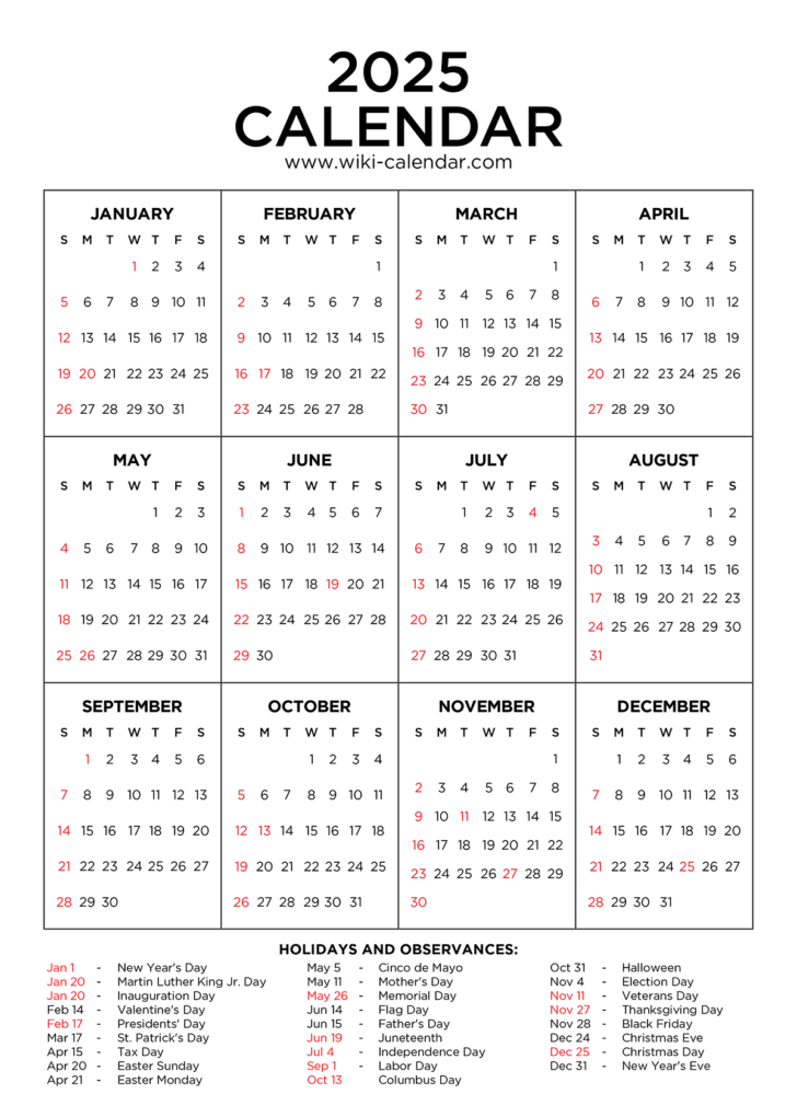 Printable Monthly Calendar with Holidays 2025