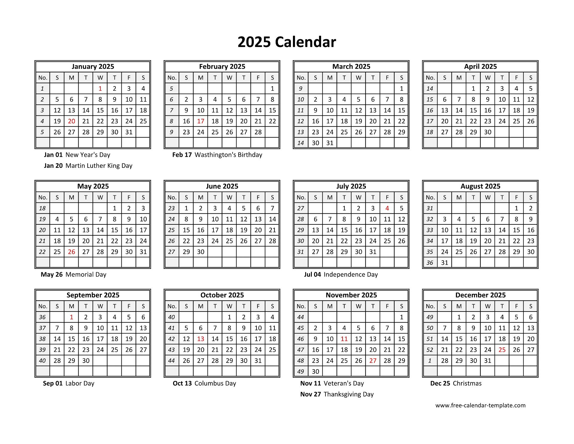 Yearly Calendar 2025 Printable With Federal Holidays | Free within Free Printable Fillable Calendar 2025