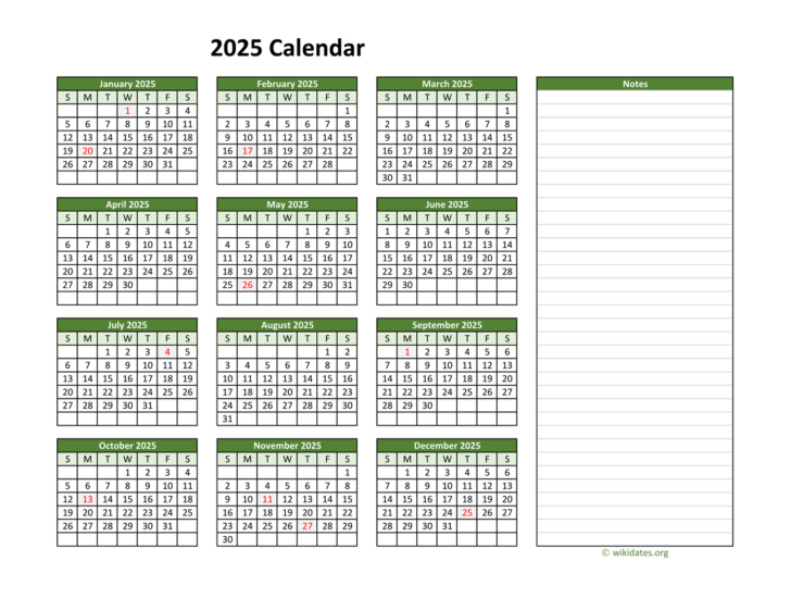 Free Printable Calendar 2025 with Notes